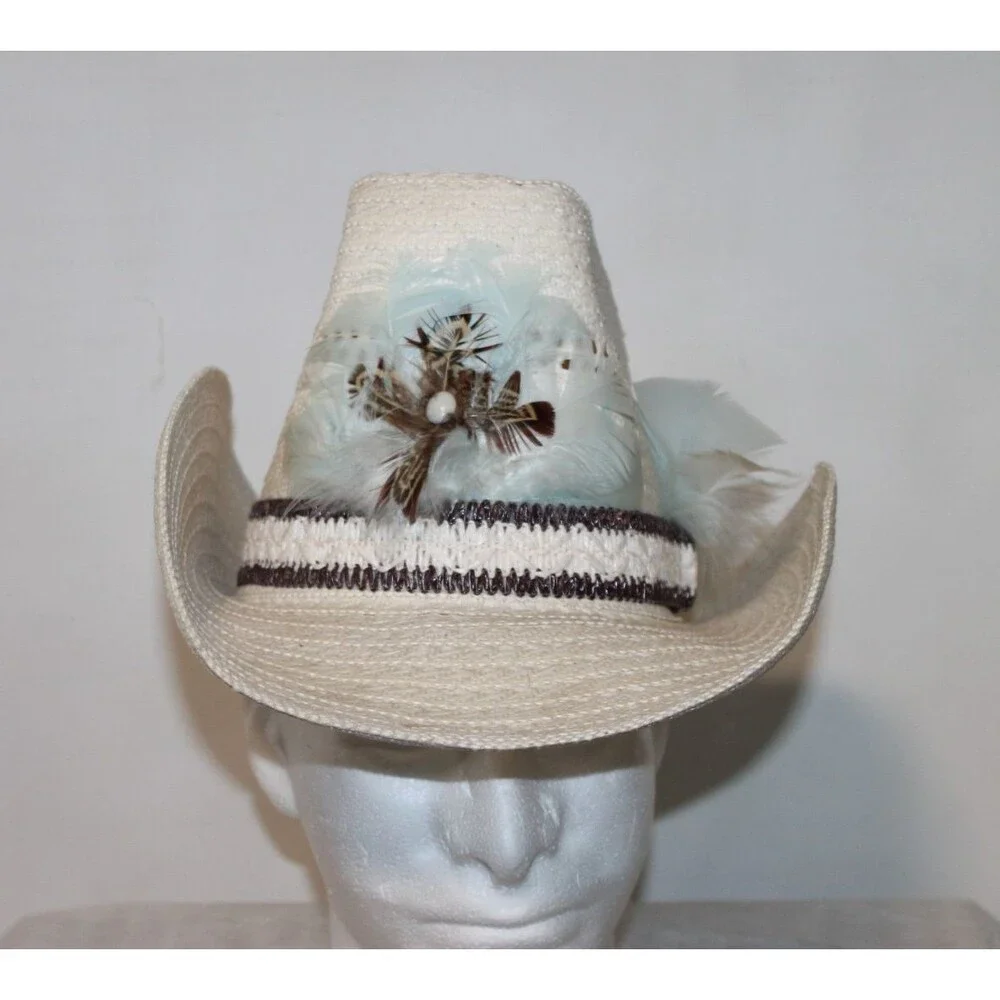Cowgirl Hat, Tan Straw Rancher Feather Brim Trim White Tan Medium 6 7/8